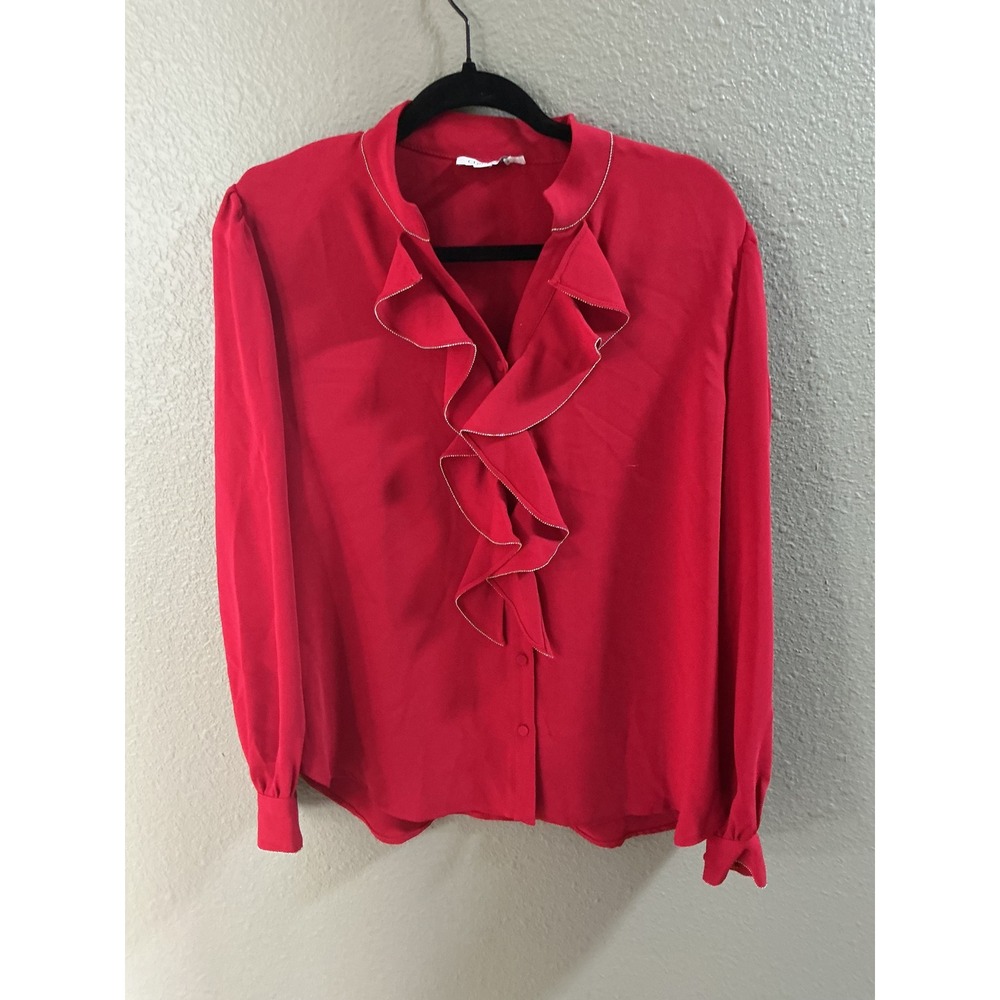 Chico's Ruffle Blouse Womens 2 Large Red Excellent Beaded Trim Long Sleeve